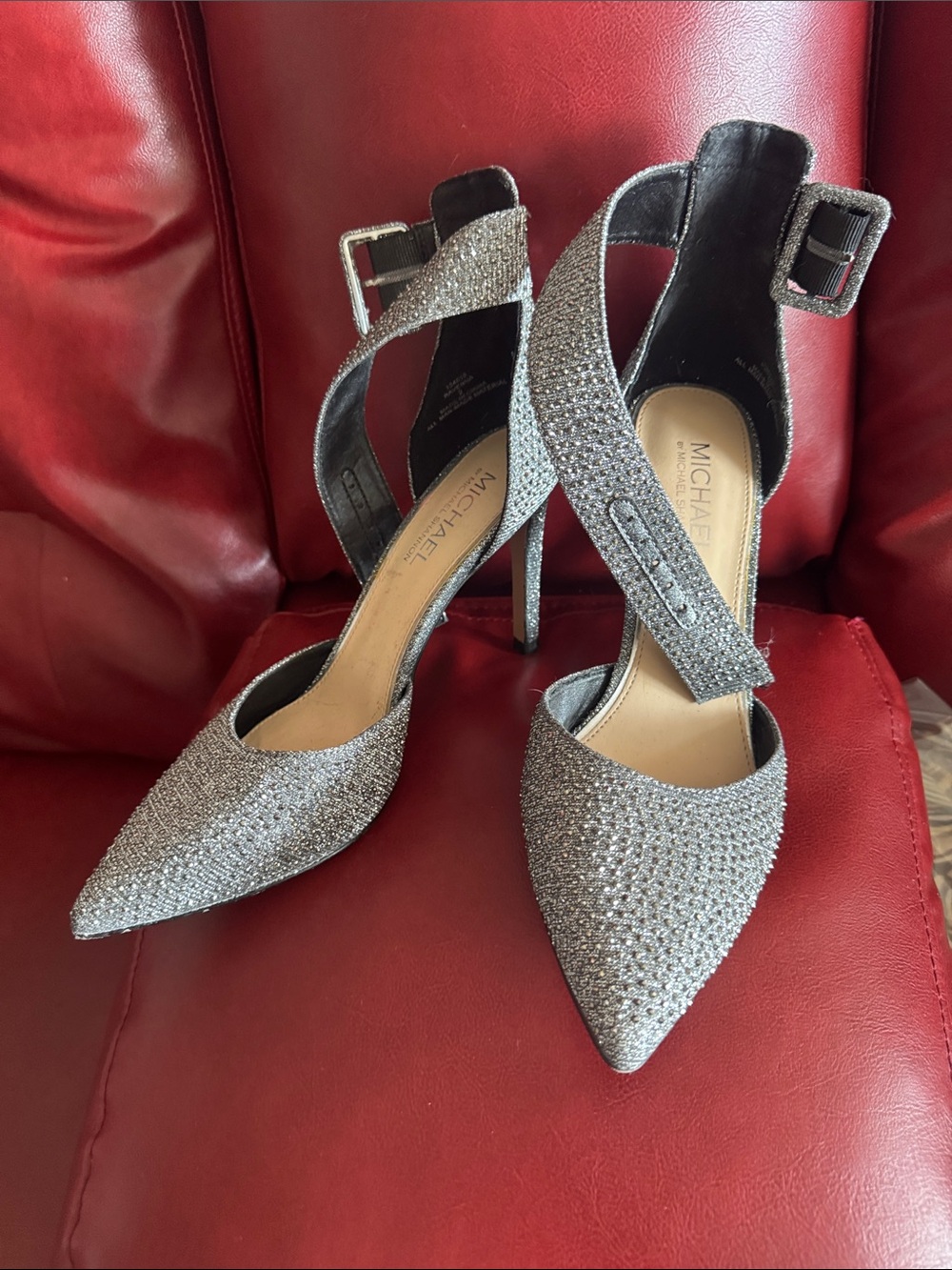 MICHAEL Michael Kors Silver Crystal Pointed-Toe Ankle-Strap Heels